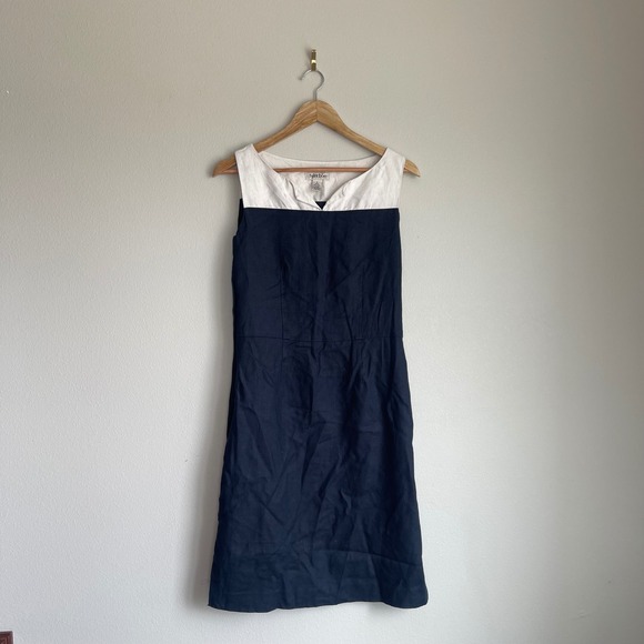Tyler Boe Notch Neck Two-Tone 100% Linen Organic Modern Sheath Dresss‎ - Picture 1 of 9